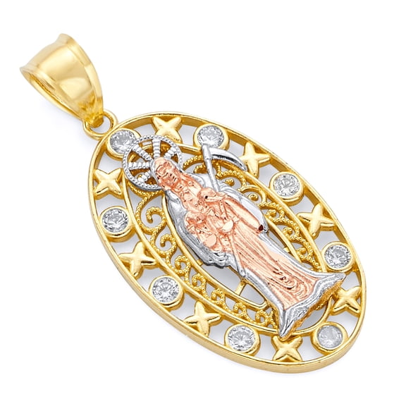 Wellingsale 14K Tri 3 Color Gold Polished Milgrain Ornate Santa Muerte Pendant with CZ Accents