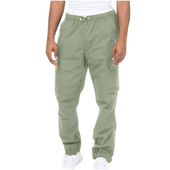 KIJBLAE Men's Athletic Pants Activewear Hiking Cargo Pants Outdoor Casual Loose Solid Multiple Pockets Drawstring Workout Sweatpants Straight Fit Cropped Trousers Cotton Jogger Pants（Green XL)