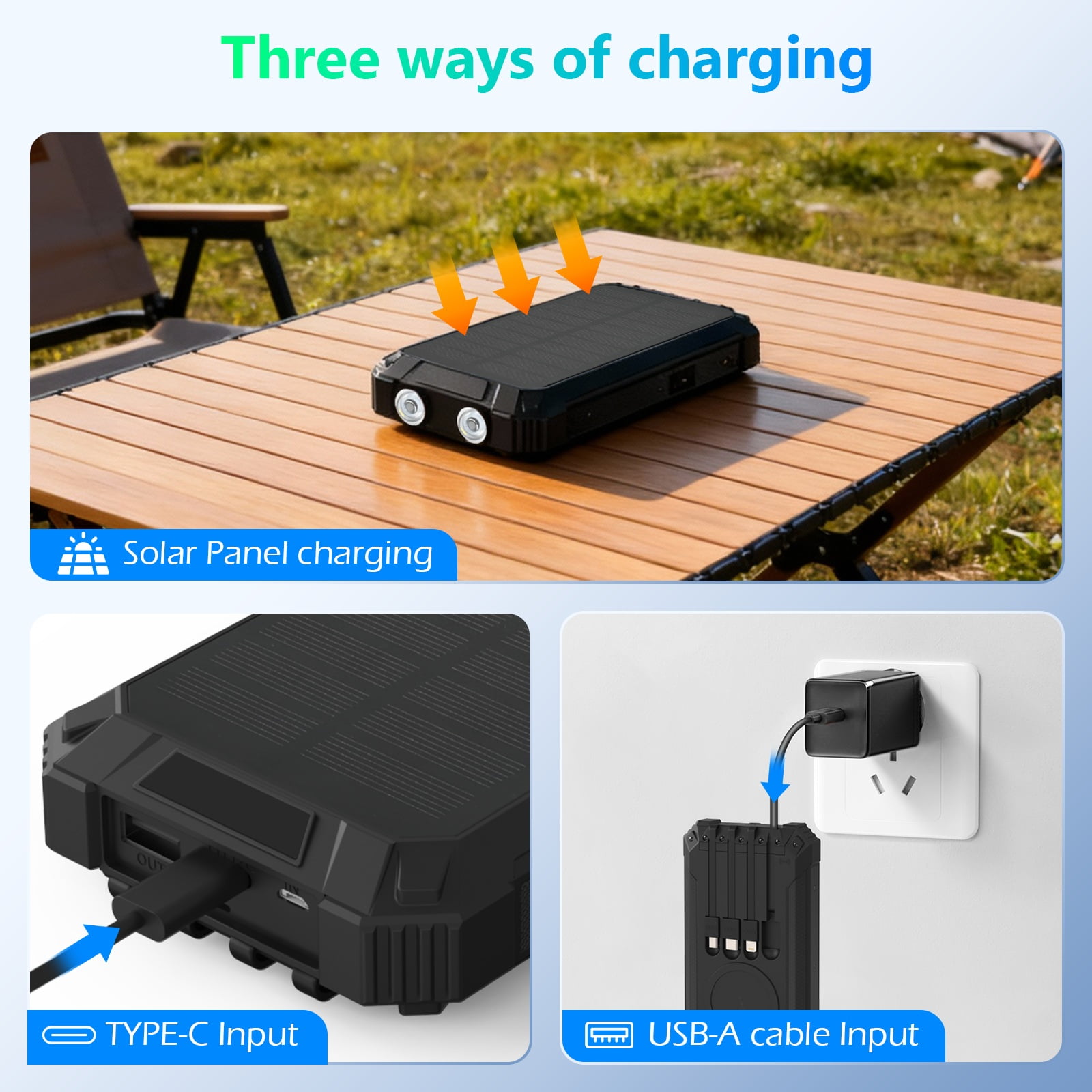 CATGOOD 20000mAh Solar Power Bank, 22.5W Fast Charging Portable Charger with 4 Built-in Cables & 10W Wireless Charging, Travel Battery Pack with Camping Flashlight(Black)