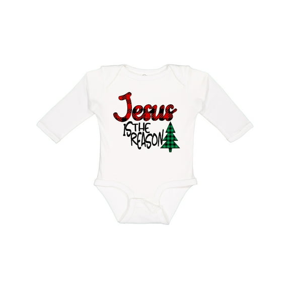 Inktastic Christmas Jesus is the Reason with Green Plaid Tree Boys or Girls Long Sleeve Baby Bodysuit