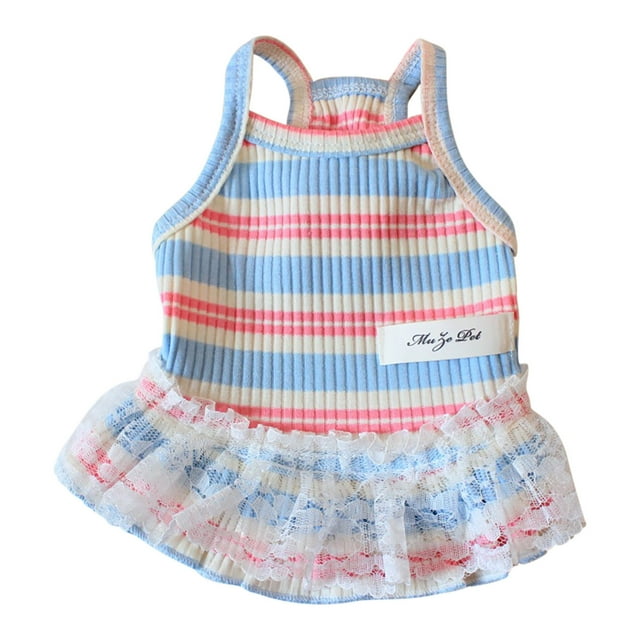 Sleeveless Pet Dress Striped Sun Shirt Ruffled Hem Lace Trim Comfortable Summer Apparel