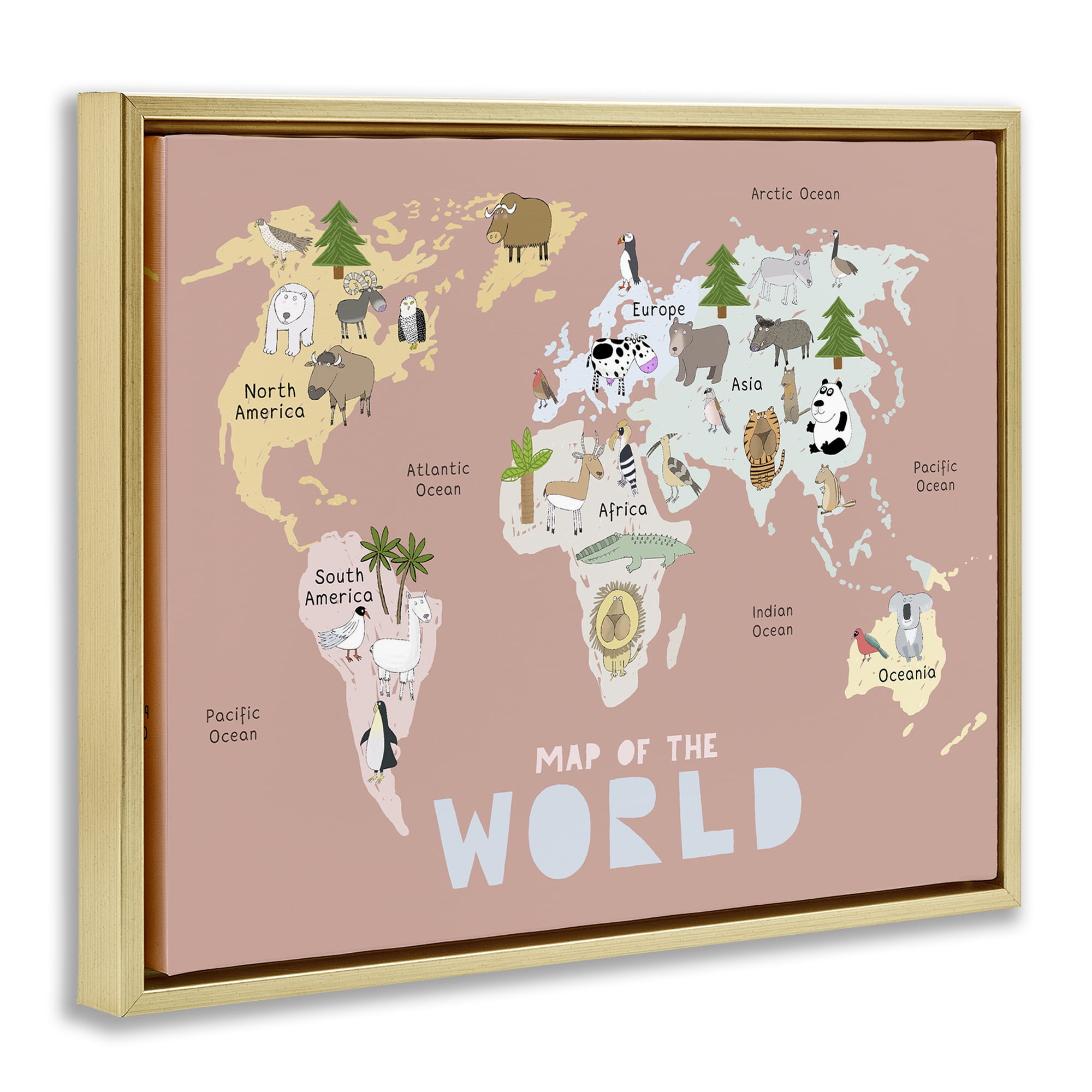 Kid's Map Of World Pink Gold Framed Floater Canvas Wall Art, design by Carla Daly