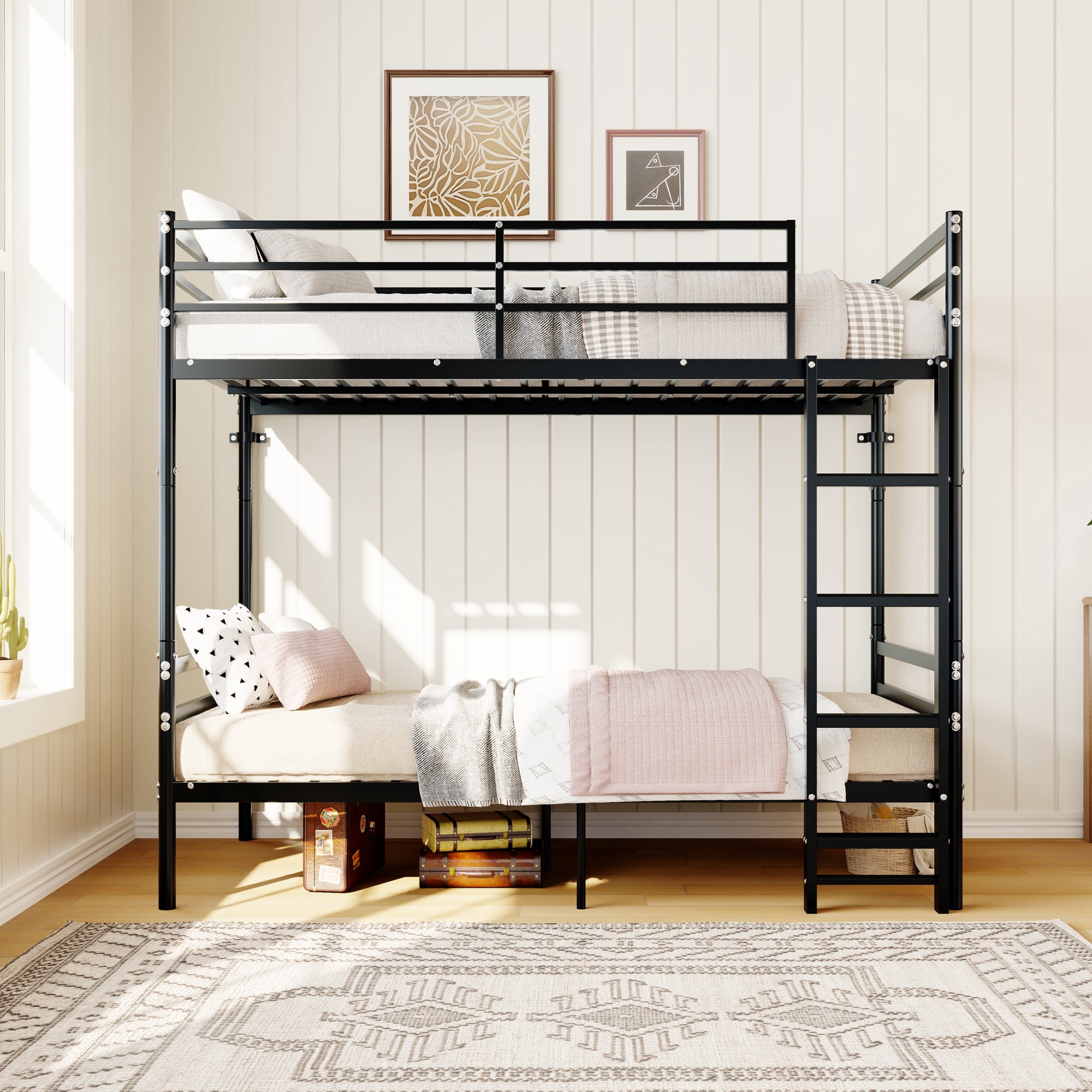 Mintazer Convertible Twin Over Twin Metal Bunk Bed with Ladder and Guardrails, Split Into 2 Separate Twin Beds, Black