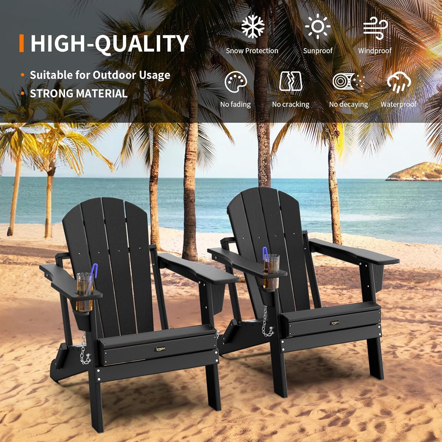 HJTER Plastic Adirondack Chairs, Folding with Cup Holder, Waterproof HDPE Material, Comfortable 380lb Weight Capacity for Outdoor Pool Patio Lounge Chair Lawn Furniture Firepit (Black)