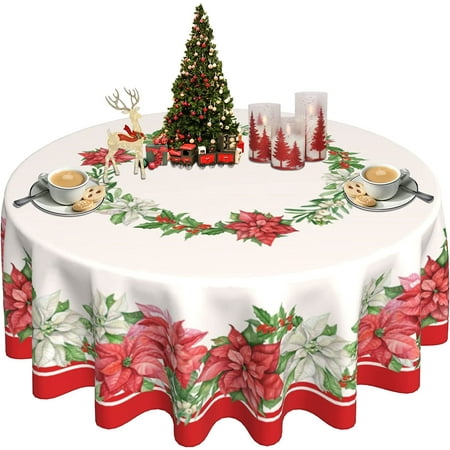 

Christmas Round Tablecloth 60 Inch Poinsettia Holly Red and White Xmas Tablecloth Waterproof Table Cloth Washable Table Cover for Kitchen Dining Room