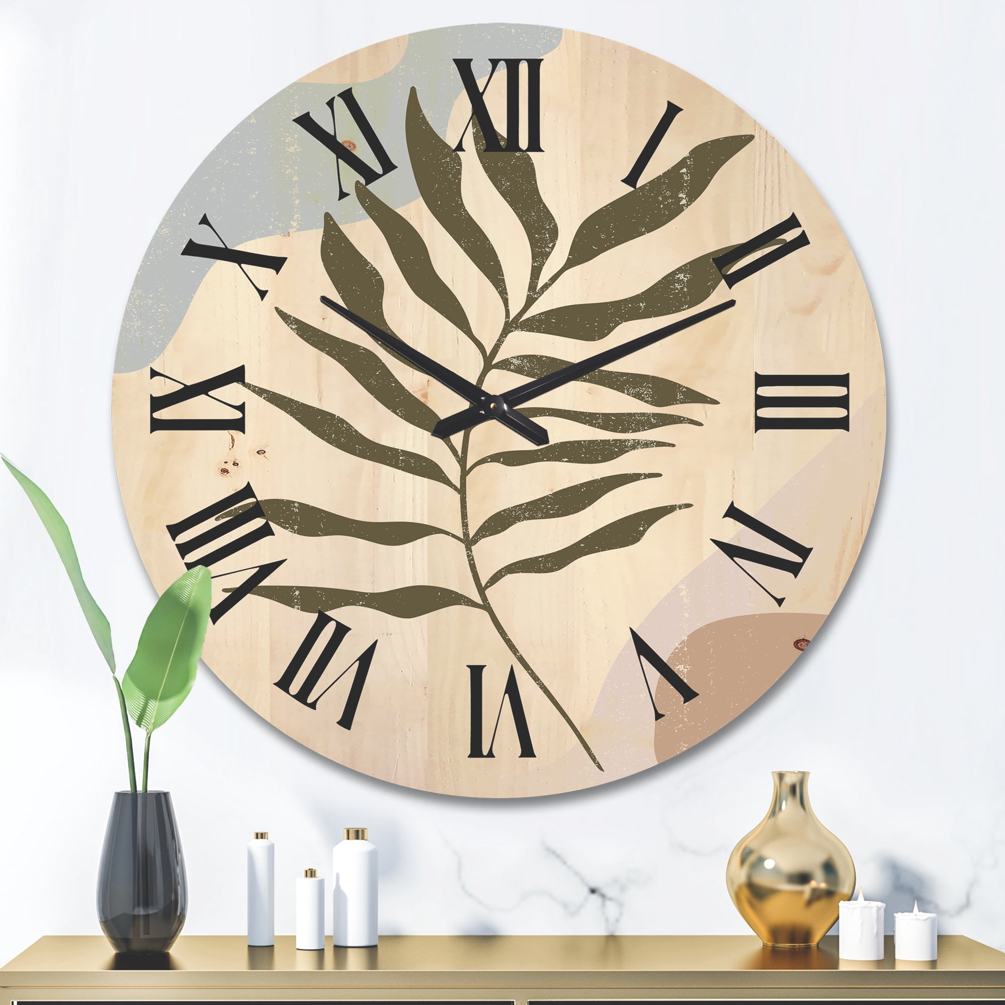 Designart 'Abstract Botanical Minimalist Leaf In Earth Tones I' Modern Wood Wall Clock