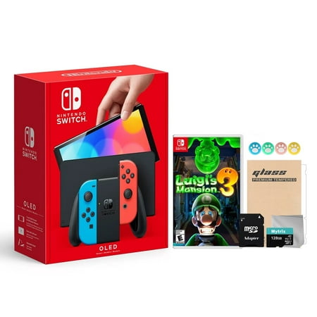 Nintendo Switch OLED Model Neon Red and Blue Joy Con 64GB Console HD Screen and LAN-Port Dock with Luigi's Mansion 3 and Mytrix Accessories 2021 New