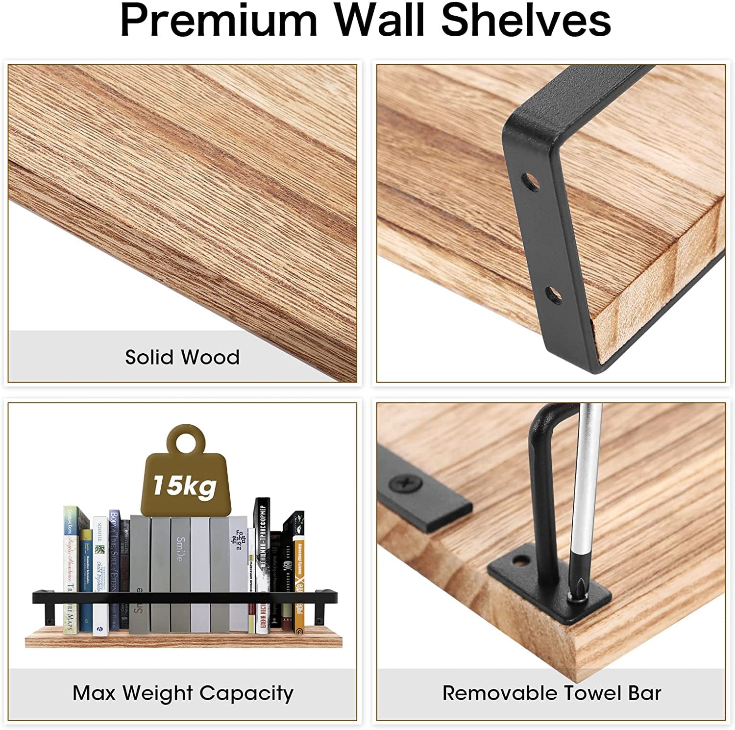Floating Shelves, Wall Shelf Outdoor, 42x15x8 cm, Shelving Unit for Wall, Towel Holder 6 Hooks, Kitchen Spice Rack, Storage Organiser Bedroom, Bathroom, Living Room, Office