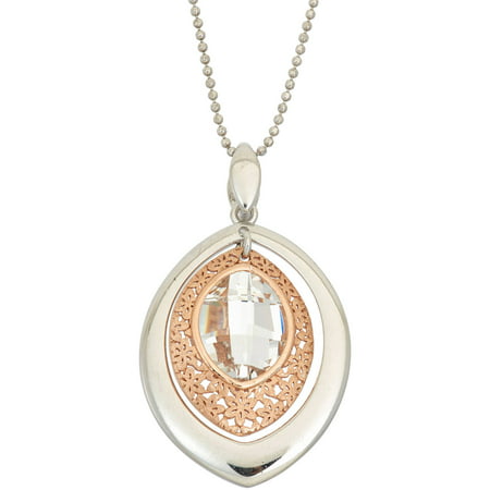 Giuliano Mameli Centered Crystal 14kt Rose Gold-Plated Sterling Silver Matte-Finished Marquise-Shape Flower Pattern White Polished Frame Pendant with Chain