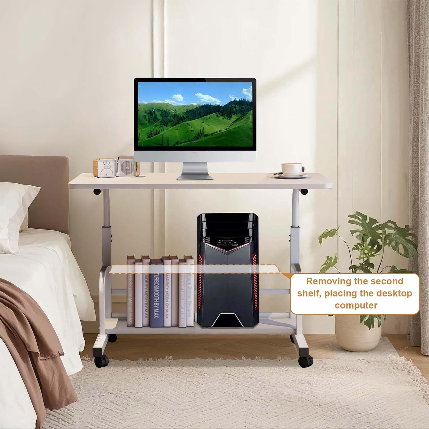 Adjustable Height Mobile Standing Desk – Ergonomic Rolling Computer Table with Storage Shelves – Space-Saving Laptop Desk for Home Office or School – with Wheels, White 80 x 40CM