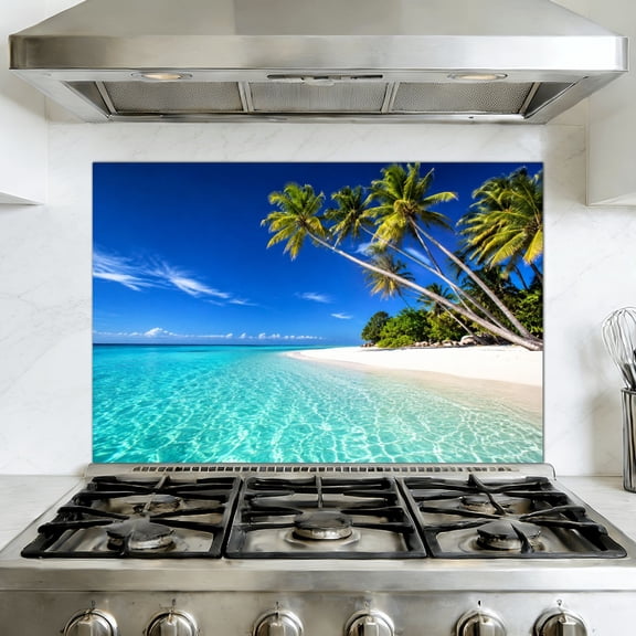 Kitchen Backsplash Peel and Stick Wall Murals Beach tropical island palm trees overhanging lagoon Removable Mural 35.4"W x 23.6"H, Oil Proof Vinyl Wallpaper for Fireplace & Behind Stove