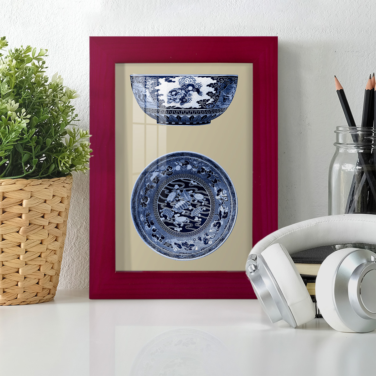 Porcelain in Blue and White I -Framed Print w/glass-Cherry Red