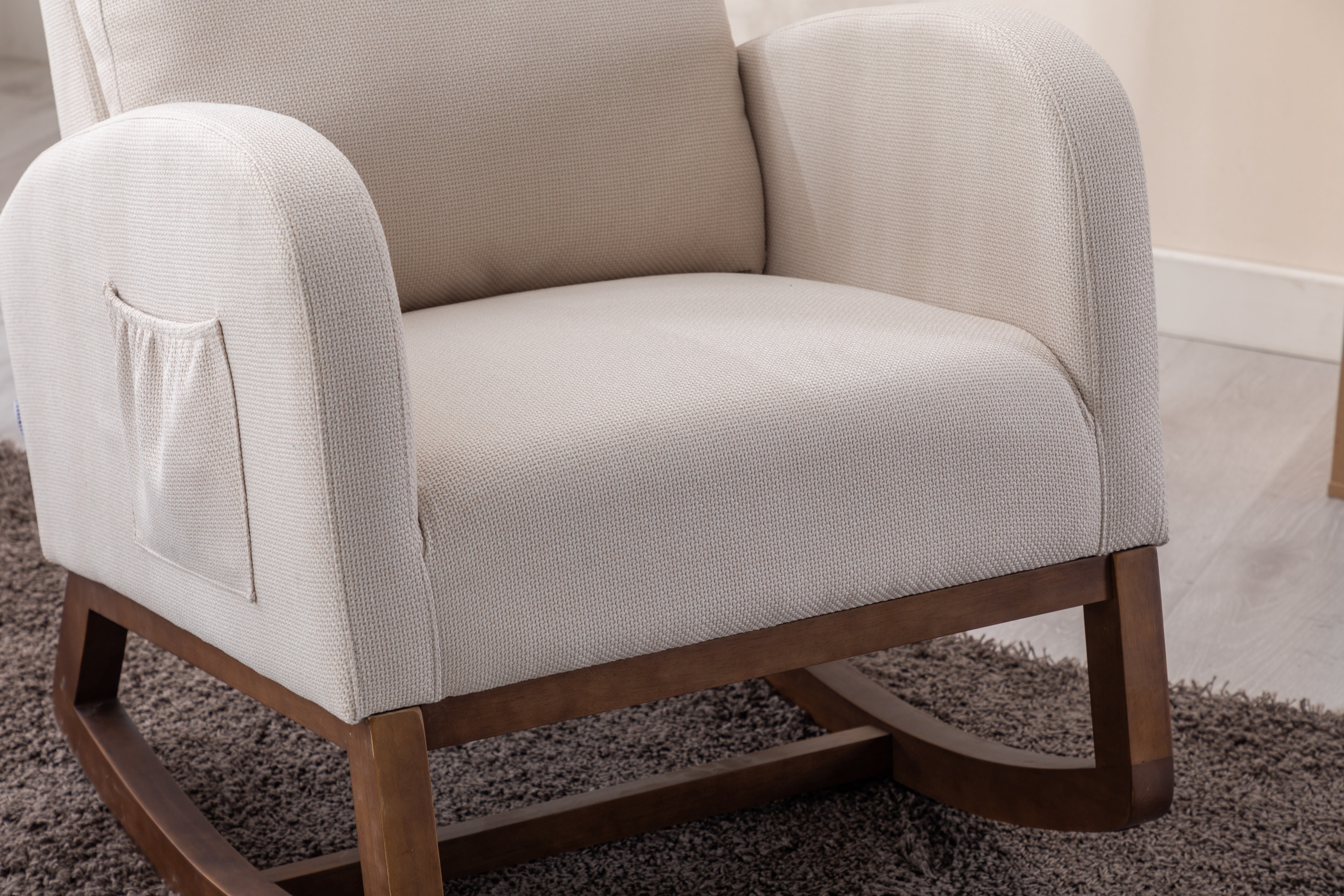 Rocking Chair, Modern Glider Chair, Recliner Armchair with Wood Legs and Side Pocket, Nursery Rocking Accent Chair with High Back for Living Room Bedroom, Beige