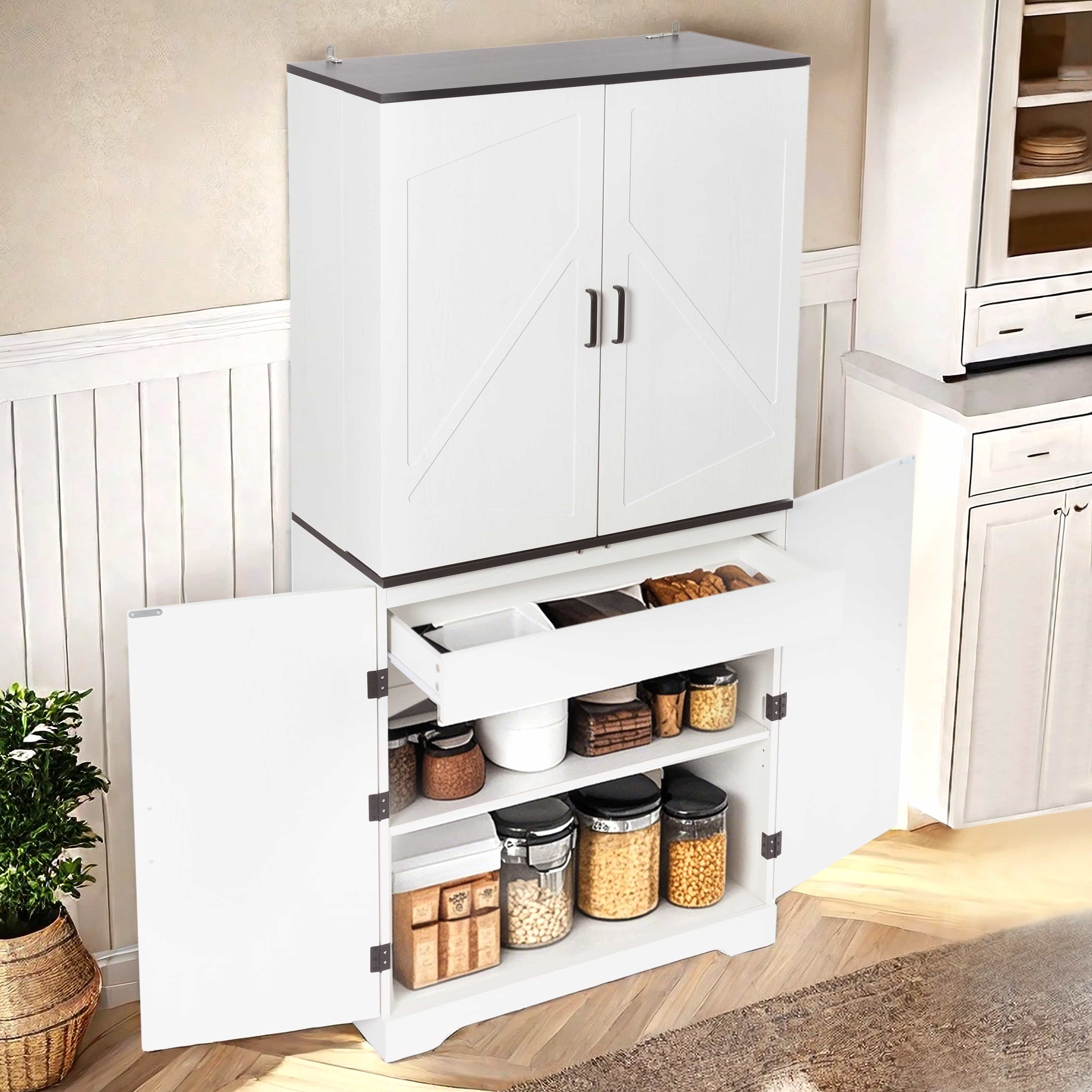 BSHTI 67.7”Kitchen Pantry,Magetic Lock,Multi-use Storage Cabinet,3-Level Adjustable Shelves,Matte Metal Handle,White Finish,Meet Any Decors
