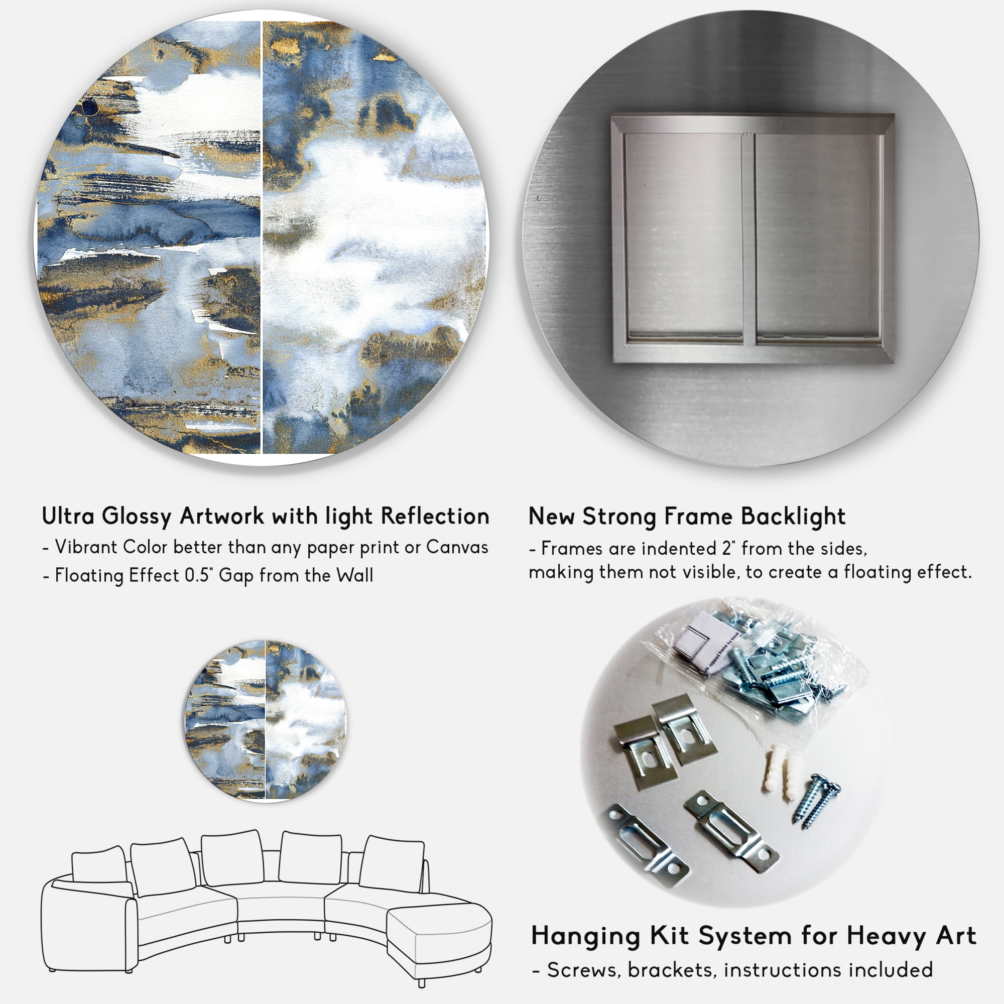Designart 'Gold and Dark Blue Abstract Waves III' Modern Circle Metal Wall Art 23x23 - Disc of 23