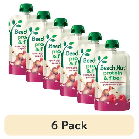 (6 pack) Beech-Nut Protein & Fiber Stage 4 Toddler Food, Apple Yogurt Raspberry Carrot Oats, 3.5oz