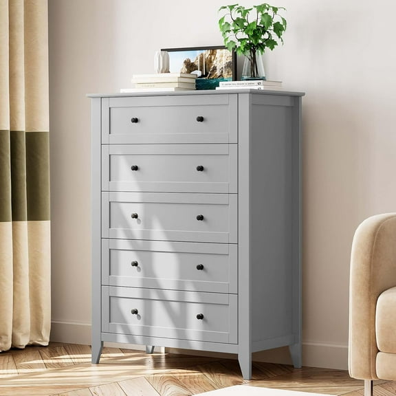 Grey 5 Drawer Dresser for Bedroom, Tall Dresser with Deep Drawers & Metal Knobs, Modern Wooden Chests of Drawers for Entryway, Hallway