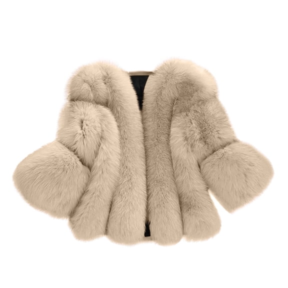 Women's Fashion Short Faux Fur Jacket - Long-Sleeve Button Front Stitched Casual Coat, Beige, L