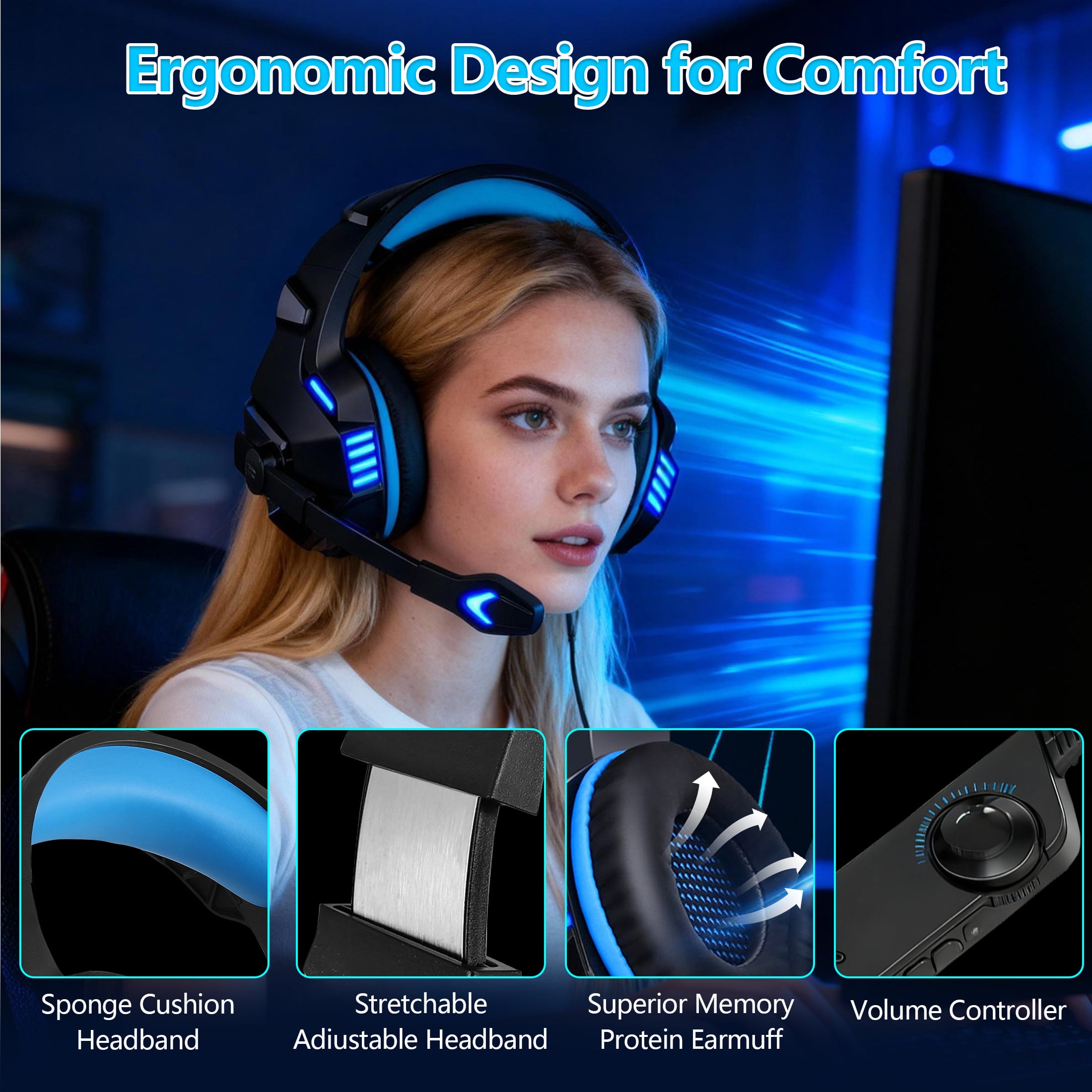 Wired Gaming Headset for PS5 PS4 PC Xbox One with Noise Cancelling Microphone, Over Ear Gaming Headphones Support Nintendo Xbox Series X|S - V3 Blue Black