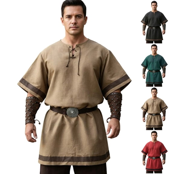 JOANKDMI Mens Medieval Tunic Shirt Short Sleeve Renaissance Viking Costume Lace-Up V Neck Pirate Top Retro Peasant Blouse for Halloween Festival, S-5XL