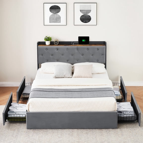Queen Bed Frame with Charging Station and 4 Storage Drawers, Gray Velvet Upholstered Platform Bed Frame with Storage Headboard, Strong Wooden Slats Support, No Box Spring Needed