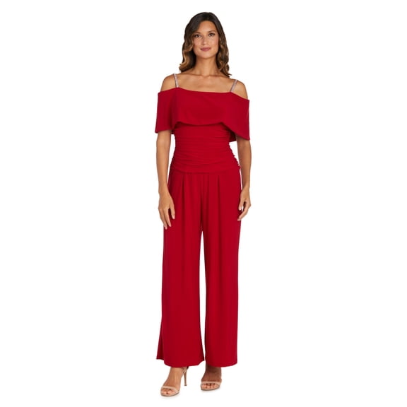 R&M RICHARDS Womens Red Stretch Cold Shoulder Zippered Ruched Short Sleeve Square Neck Party Wide Leg Jumpsuit 6