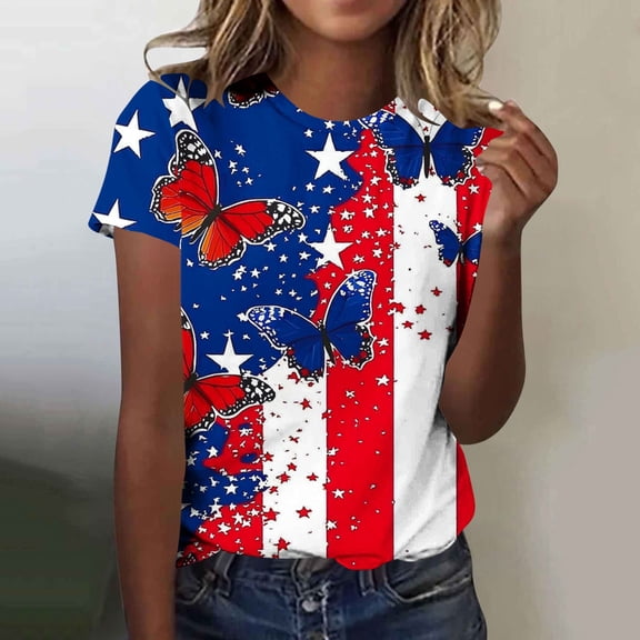 Goodtrade8 Women's Summer T Shirts July 4th American Pullover Short Sleeve Graphic , Red White and Blue Red White and Blue Casual Independence Day Tops for Junior Fashion