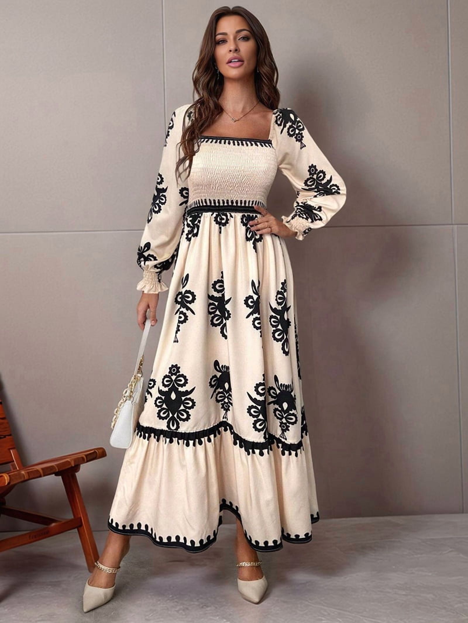 Women'S Autumn Wedding Guest Dress Bohemian Floral Long Sleeve V-Neck Flowing Elegant Maxi Dress Beachwear S