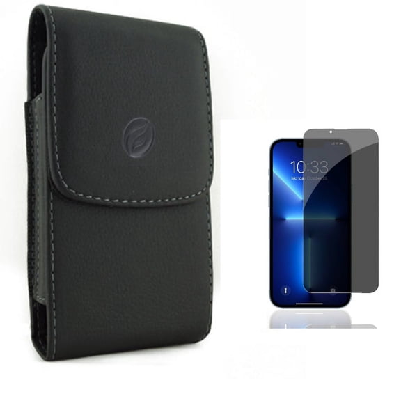 Case Belt Clip & Privacy Screen Protector for iPhone 13 Pro ONLY - Leather Holster Cover Pouch Vertical   Tempered Glass Curved Anti-Spy Anti-Peep 3D Edge Combo