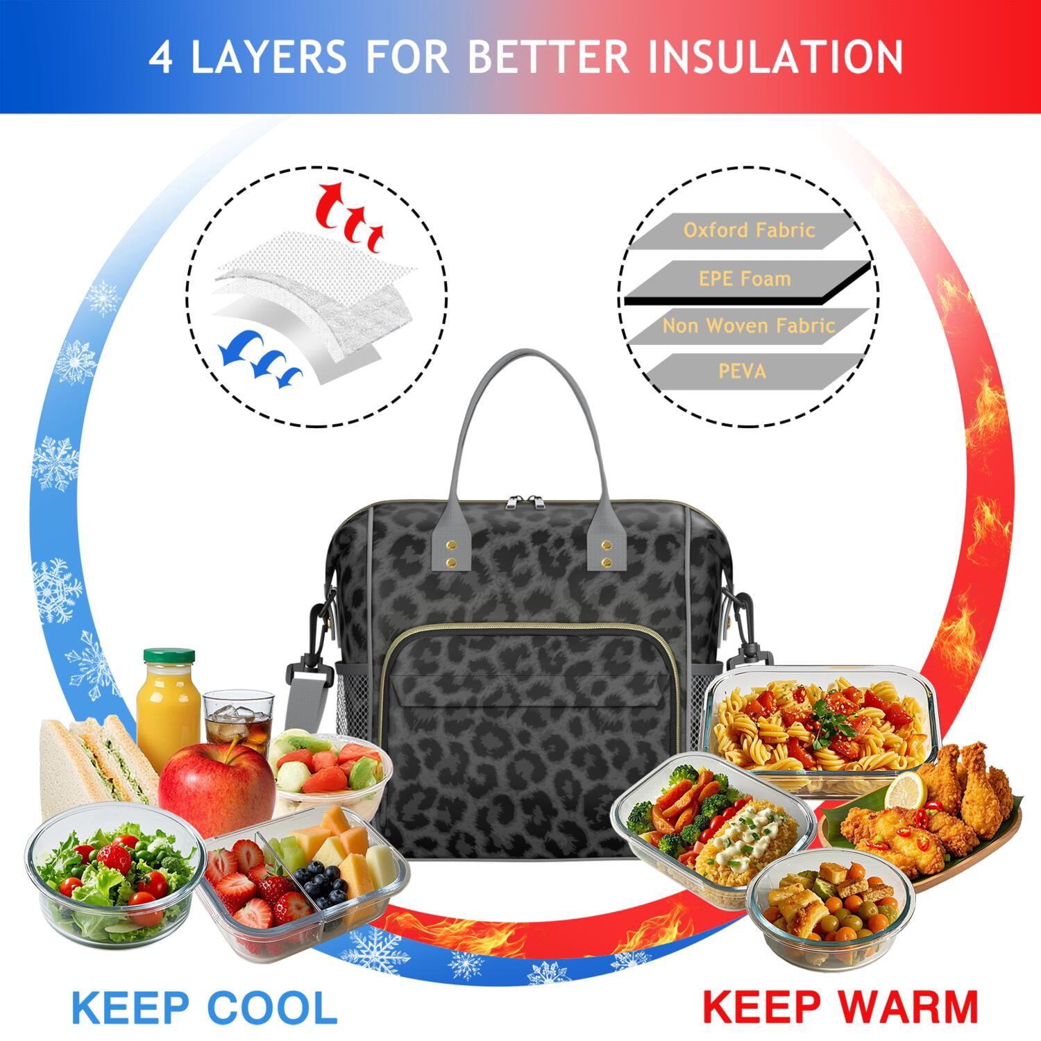 Cheetah Spots Lunch Tote – Dynamic Leopard Print Insulated Bag with Strap Leakproof Dual Compartment Lunch Box for Adults Work or Beach