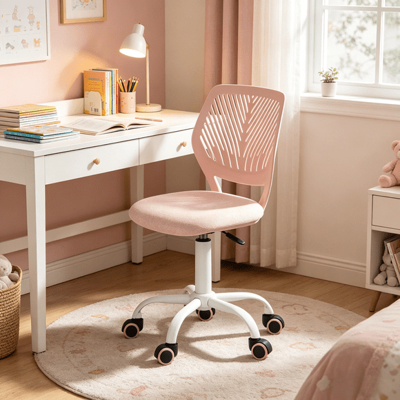 Homy Casa Chaise de bureau ergonomique rose, pivotante réglable sans accoudoirs avec roulettes en PU