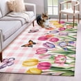 thumbnail image 3 of Area Rug for Living Room, Tulips Spring Floral Non-Slip Indoor Large Carpet for Bedroom/Dining Room, Pink Plaid Flowers Butterfly Pastoral Washable Low-Profile Floor Mat Runner Rugs - 2.7 x 5 Ft, 3 of 7