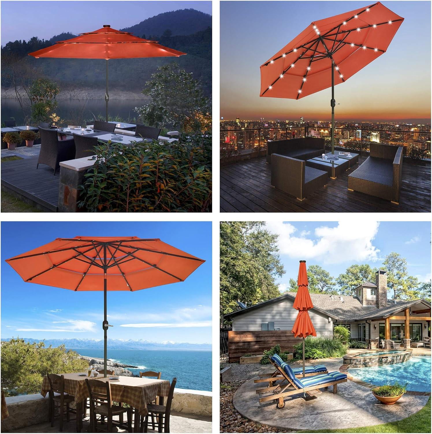 10ft Solar LED Outdoor Market Tilt Patio Umbrella, Cherry Tomato