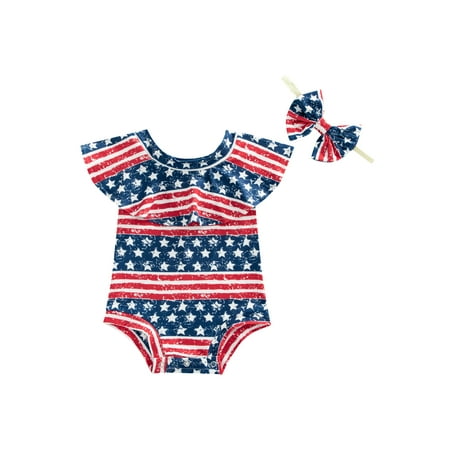 

TFFR Baby Girl Summer Jumpsuit Independence Day Star Print Ruffle Romper with Bow Headband