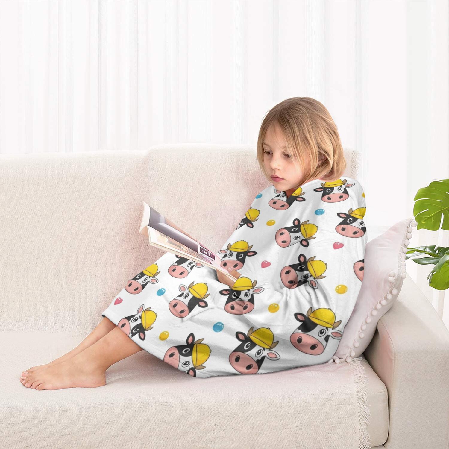 White Cow Head Hat Pattern Blanket Hoodies for Kids 6-13YR Oversize Wearable Blanket Hoodies for Boys Girls Teens