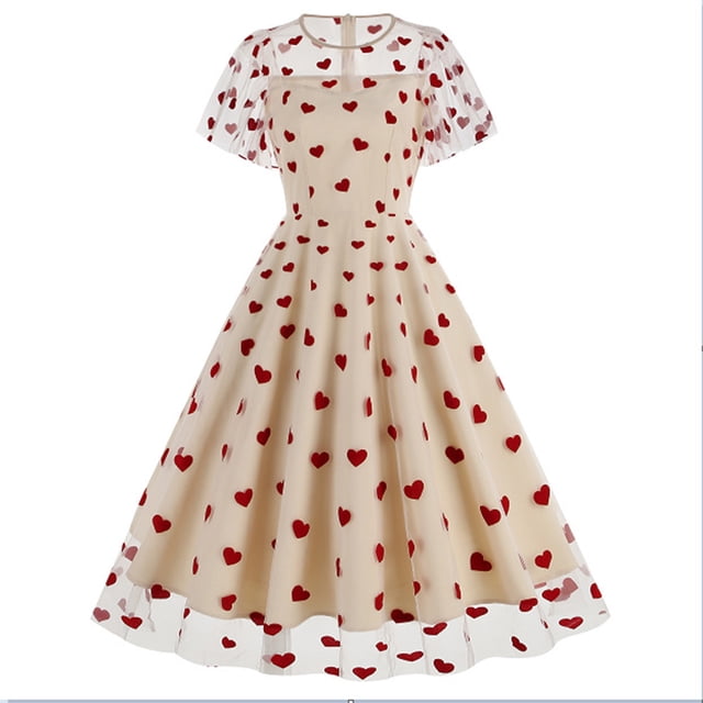 Liquidation Aujourd'hui Iumwxz Robe à Col Rond à Manches Courtes pour Femme Robe en Tulle Tunique à Fermeture Éclair Robe de Princesse Robes à Imprimé Cœur Robes d'Été Décontractées pour Femmes Robe Tendance pour les Vacances