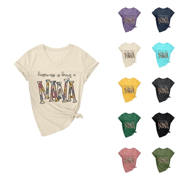 Hapiness Is Being A Nana Womens Tshirt 2026 Summer Casual Short Sleeve V Neck Cute Grandma Graphic Tees Mother's Day Shirt