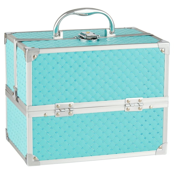 Walmart Train Case Cosmetics Organizer with 4 Trays for Travel with Makeup & Accessories, Teal Color, Size 6.70"x 9.85"x 7.90"
