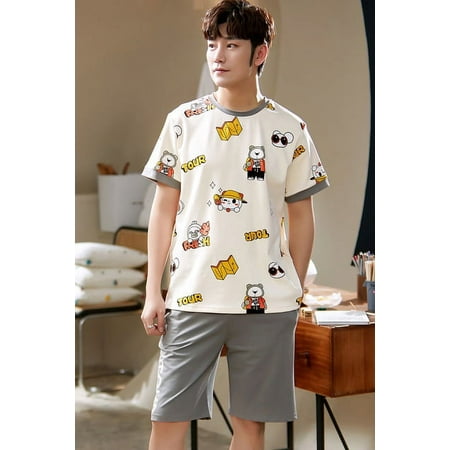 

QWZNDZGR Summer New Cartoon Mens Pajamas Casual Short Tops Lattice Short Pants Sets Pyjamas Stripe Men Sleepwear Pijamas Homewear Fashion