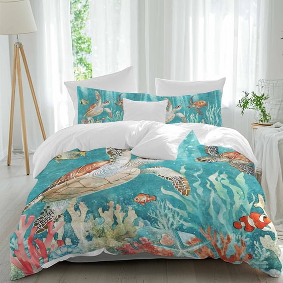 3 Piece Brown Sea Turtle Coastal Duvet Cover Set California King,Microfiber Comforter/Quilt Cover with Corner Ties and 2 Pillowcases,Teal Summer Beach Coral Nautical Soft Bedding with Zipper Closure