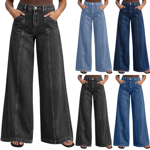 Miluxas Women's High Waist Jeans Front Seam Detail Wide Leg Denim Pants Casual Loose Fit Y2K Jeans with Pockets for Streetwear Sky Blue
