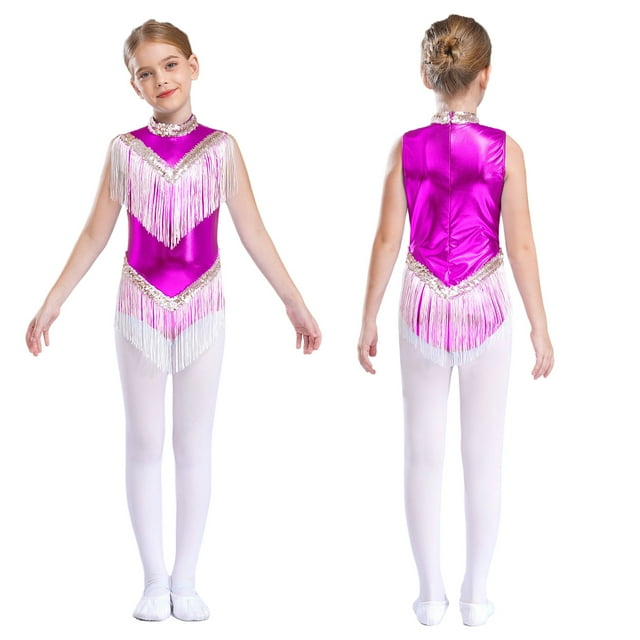 ranrann Robe Salsa Tango à Franges pour Filles, Costume de Danse Latine à Sequins, Sans Manches, Violet 10