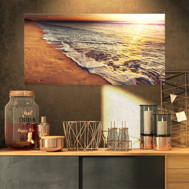 Vagues en Mousse sur Mer Coucher de Soleil - Impression sur Toile de Plage Moderne