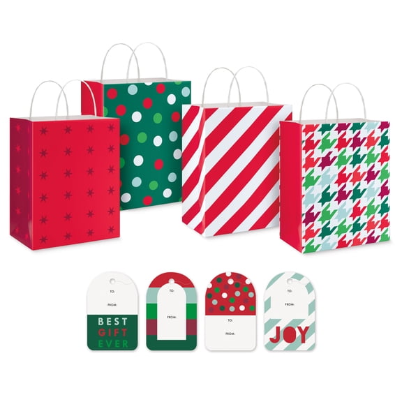 American Greetings 9.75 in. Christmas Medium Gift Bag and Tag Bundle, Festive Designs (4-Count)