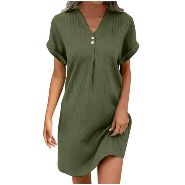 Womens Dresses V Neck Solid Color Colour Pullover Comfortable Casual Button Down Dress