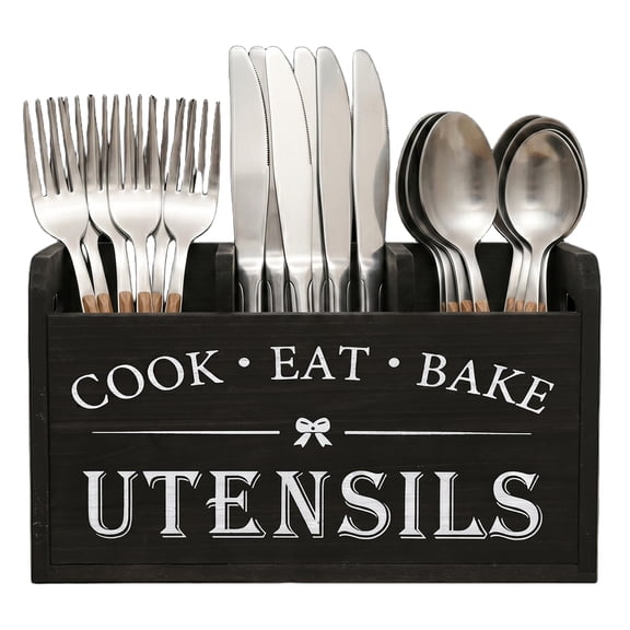 Wooden Utensil Holder for Kitchen Counter, 4 Compartment Kitchen Utensil Organizer with Removable Divider and Drainage Bottom, Flatware and Silverware Storage Holder