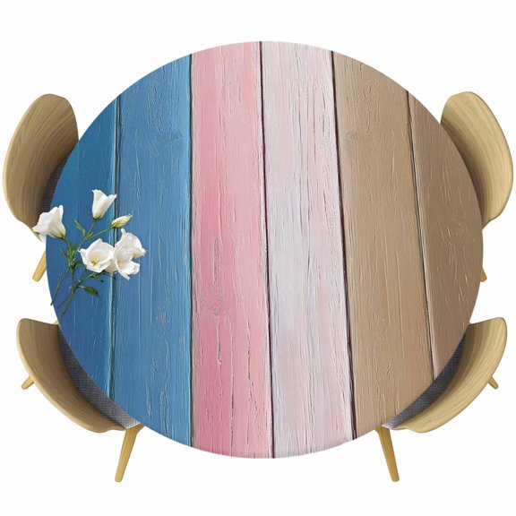 Blue Pink Brown Ombre Round Tablecloth, Fitted Table Cover with Elastic for 36"-44" Round Tables, Vintage Farmhouse Wooden Table Cloth Outdoor Indoor Dinning Party Waterproof Tablecloths