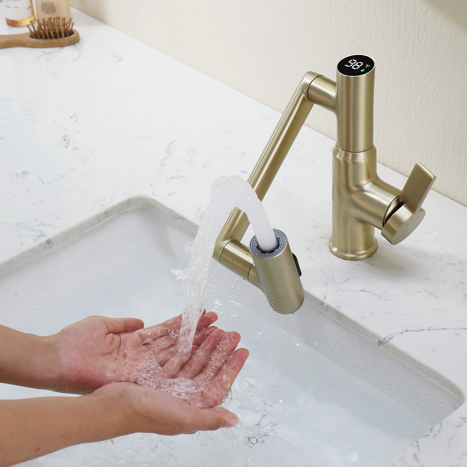 Lefton Rotatable Bathroom Faucet with Temperature Display in Fahrenheit (Batteries-Free), 3 Water Modes, Brushed Gold, BF2204-6