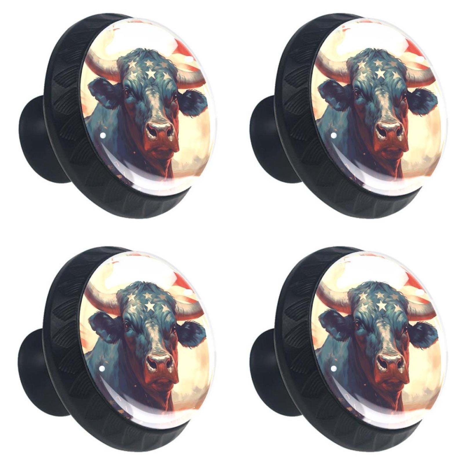 4 Pcs Cow American Flag Knobs for Kitchen Cabinet Cupboard Dresser Bookcase Drawer Pulls Handles Round Home Decor