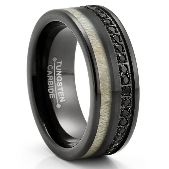 Metal Masters Mens Black Tungsten Carbide Wedding Band Eternity Ring Cubic Zirconia Wood Inlay Comfort-Fit 8mm